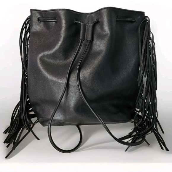 Victoria's Secret Fashion Backstage Black Faux Fur Fringe Backpack Bucket Bag - Picture 3 of 9